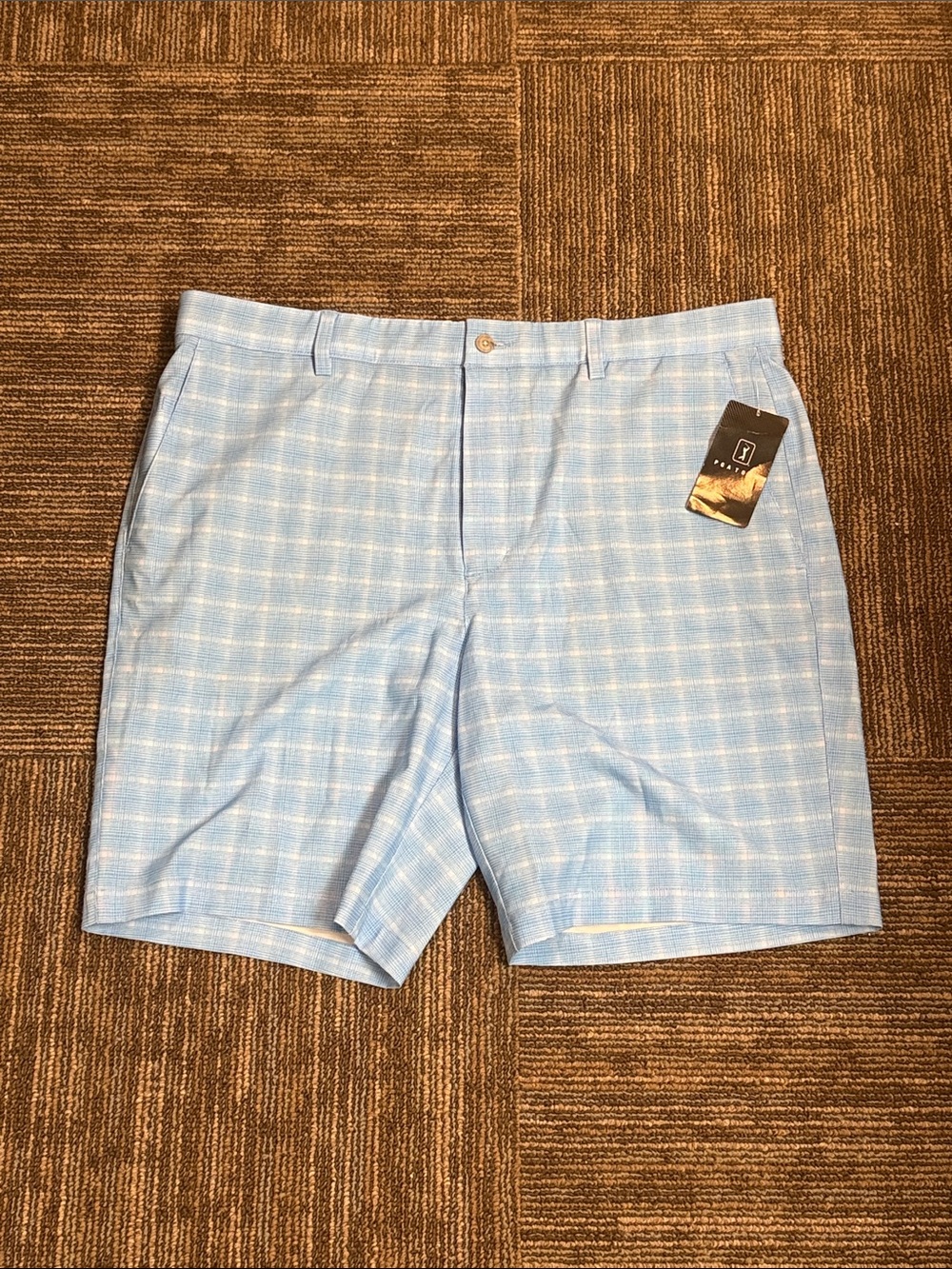 PGA Tour Performance Stretch Light Blue Plaid Flat-Front Men's Shorts